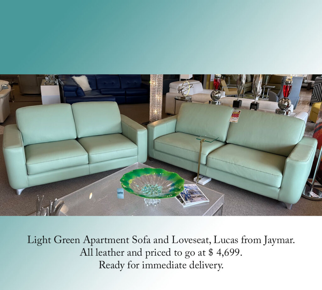 Light Green Apartment Sofa and Loveseat, Lucas from Jaymar.
All leather and priced to go at $ 4,699.
Ready for immediate delivery.

