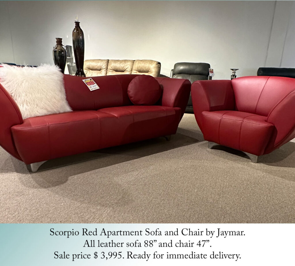Scorpio Red Apartment Sofa and Chair by Jaymar.
All leather sofa 88” and chair 47”.
Sale price $ 3,995. Ready for immediate delivery.