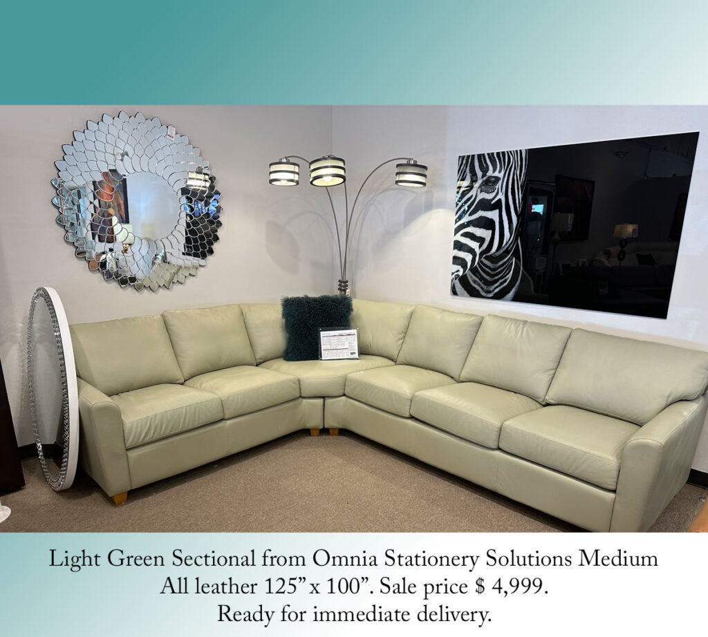 Light Green Sectional from Omnia Stationery Solutions Medium
All leather 125” x 100”. Sale price $ 4,999.
Ready for immediate delivery.
