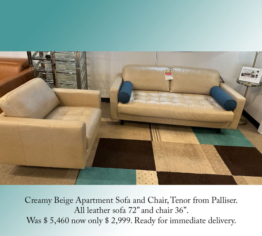 Creamy Beige Apartment Sofa and Chair, Tenor from Palliser.
All leather sofa 72” and chair 36”.
Was $ 5,460 now only $ 2,999. Ready for immediate delivery.