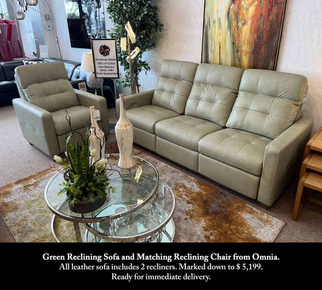 Green Reclining Sofa and Matching Reclining Chair from Omnia.
All leather sofa includes 2 recliners. Marked down to $ 5,199.
Ready for immediate delivery.